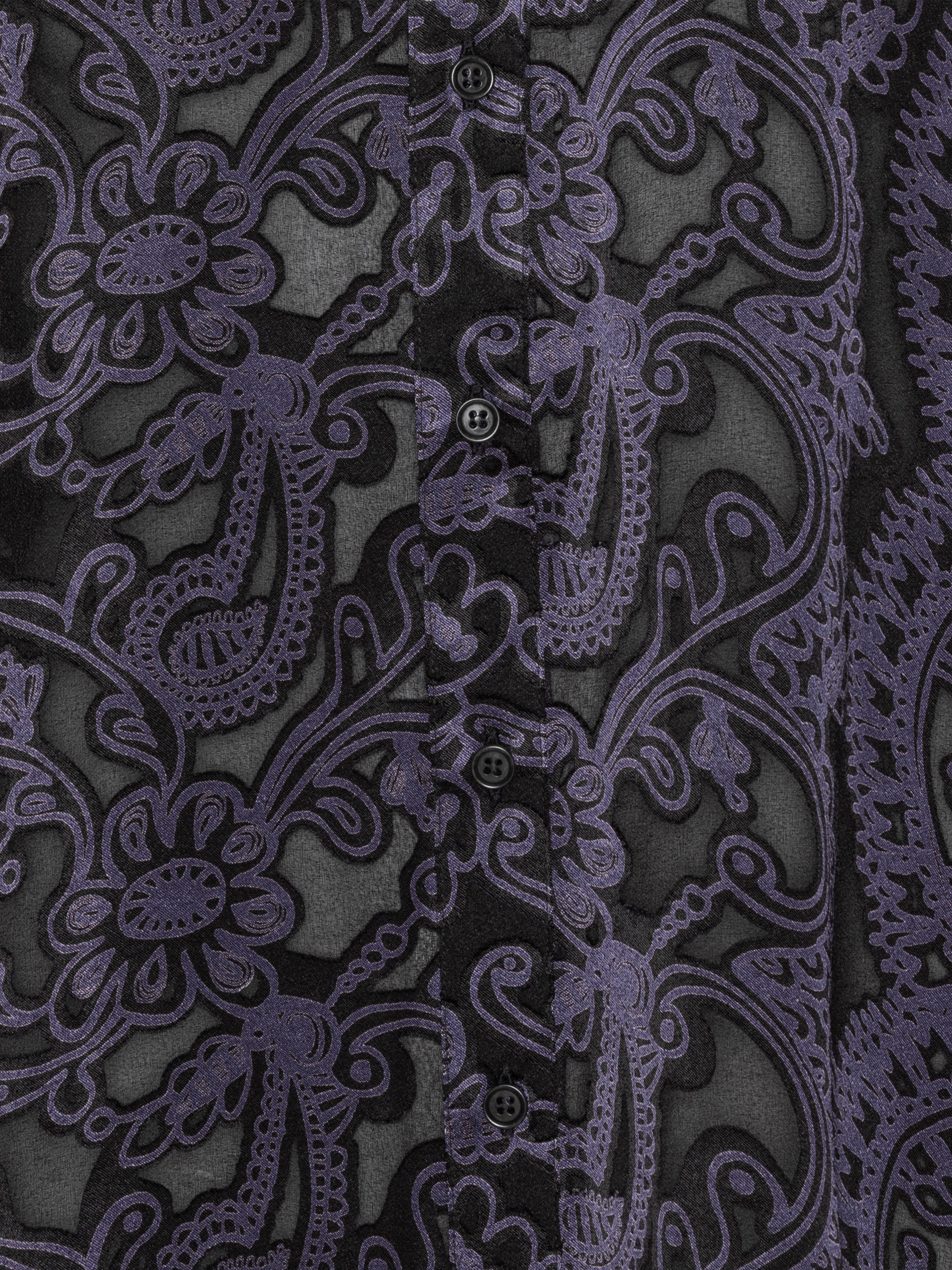 Close-up of the Block Shirt highlighting the dark purple semi-transparent Victorian Burnout texture and front button closure.
