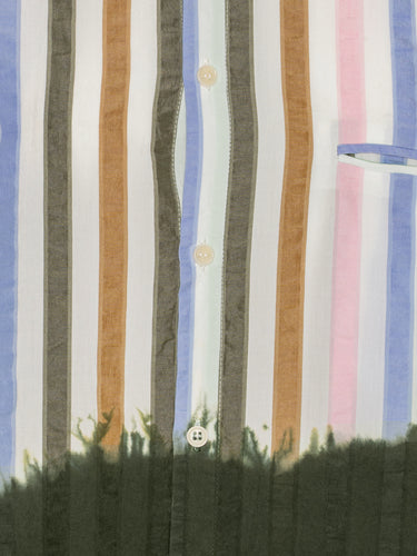 Blousse Shirt in DipDye Stripes by Henrik Vibskov, closeup detail of multicolour stripe pattern transitioning into deep forest green dip-dye effect, showing fabric texture and layered cuff finish, Spring/Summer 2026 Key Collection