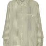 Front view of Henrik Vibskov Blousse Shirt in green and beige stripes with classic collar, front button closure, and long layered sleeves.