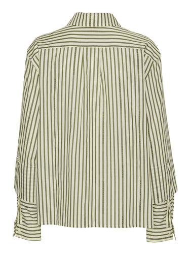 Back view of the Blousse Shirt showing loose fit, straight hem, and striped pattern.