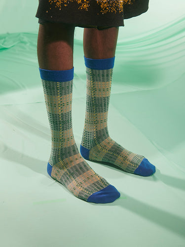 Blurry Stripes Socks Homme in Grey Blue Yellow Checks from Henrik Vibskov