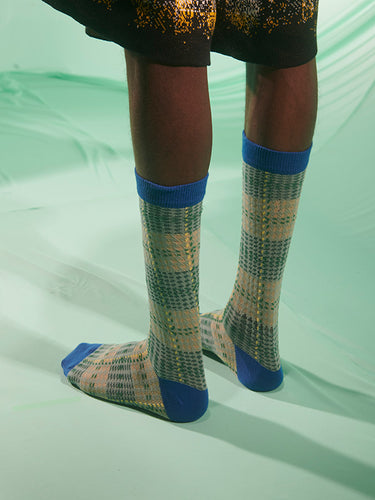 Blurry Stripes Socks Homme in Grey Blue Yellow Checks from Henrik Vibskov