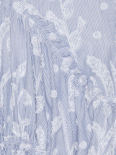 Close-up of the light blue textured material highlighting the white floral motif and gathered elastic ruching.