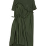 Front view of the Bon Chalant Dress in dark green with elastic ruched texture, round neck, and short sleeves.