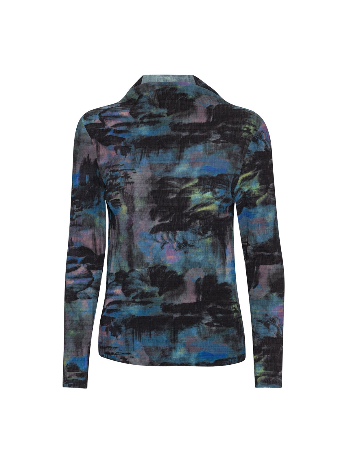 Henrik Vibskov Carry A Top in Mushroom Tapestry print, abstract blue and black mesh top, front flat lay