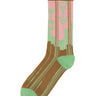 Front view of Charm Socks Femme in Brown Charm featuring brown fabric with pink and mint green multi charm illustrations.