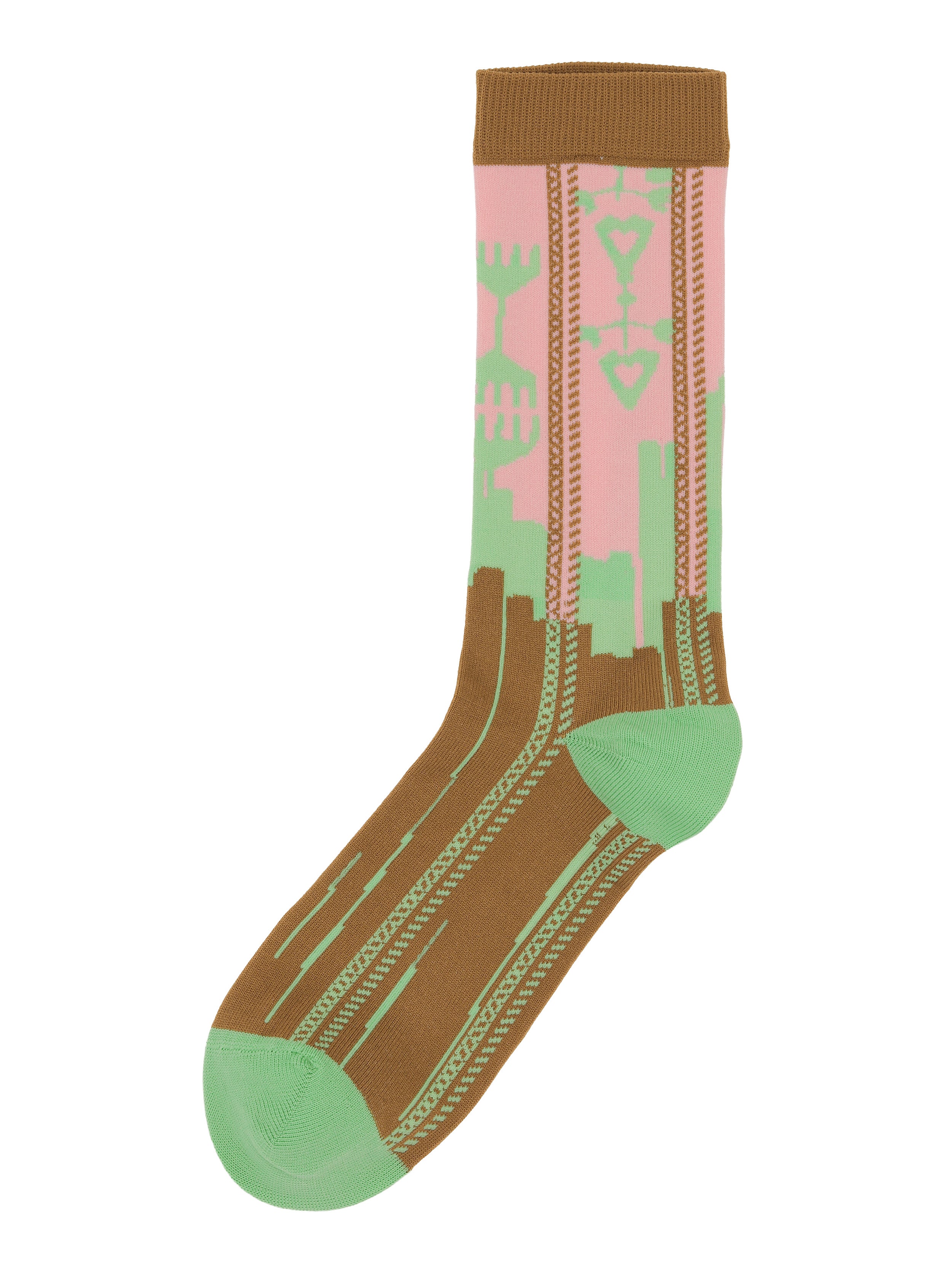 Front view of Charm Socks Femme in Brown Charm featuring brown fabric with pink and mint green multi charm illustrations.