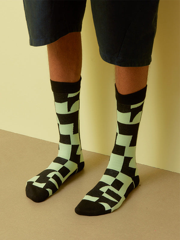 Henrik Vibskov - Chess Box socks homme in mint and black - 2