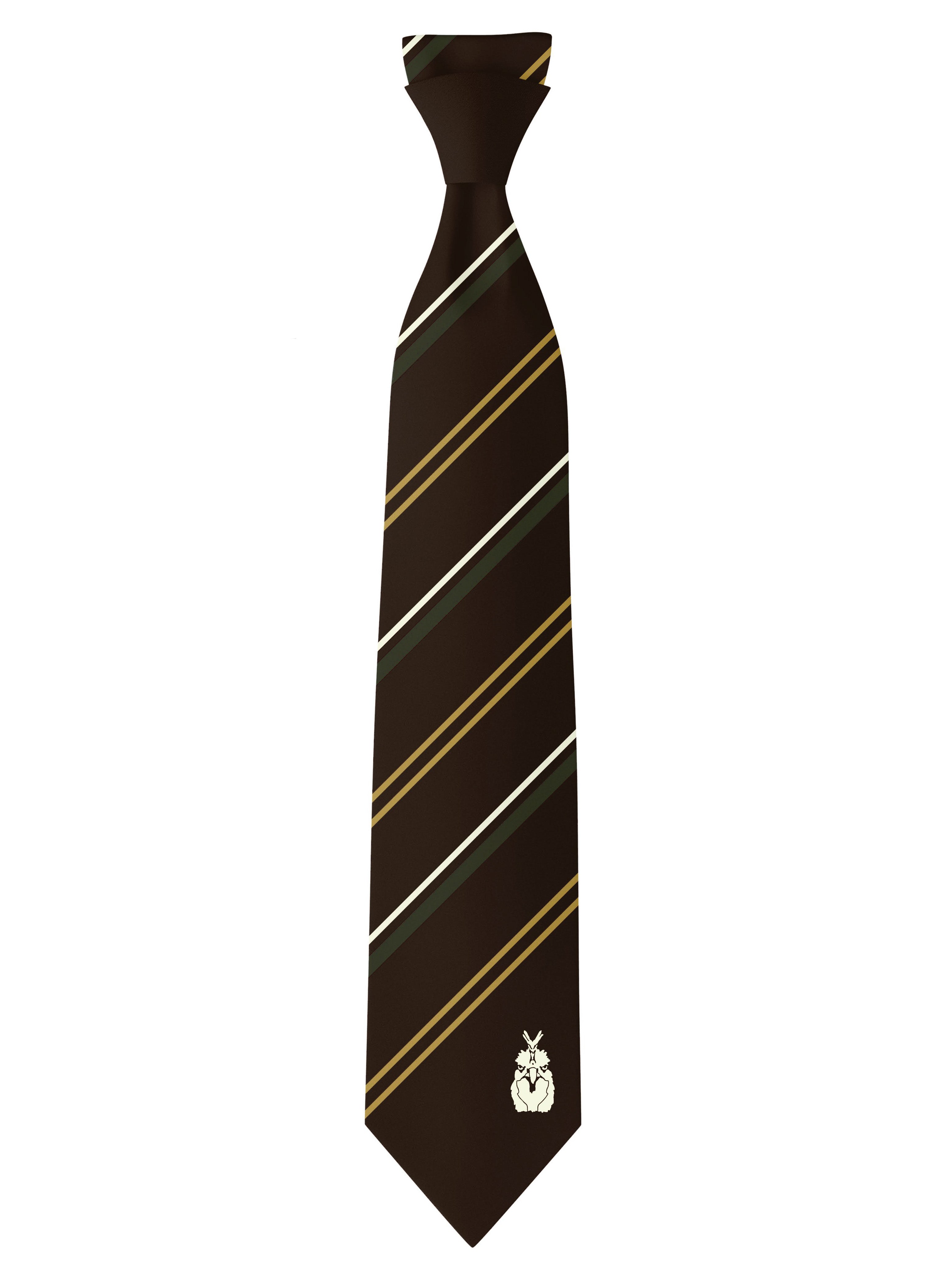 Striped tie with brown, dark green, pale yellow and white lines on a white background