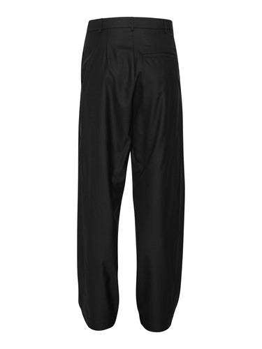 Back full-body packshot of the Claus Pants in Tropical Black from Henrik Vibskov Spring/Summer 2026 Studio Collection, displaying the unisex fit and clean black straight-leg silhouette.