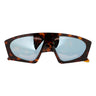 Sunglasses with tortoiseshell frame and reflective lenses on a white background
