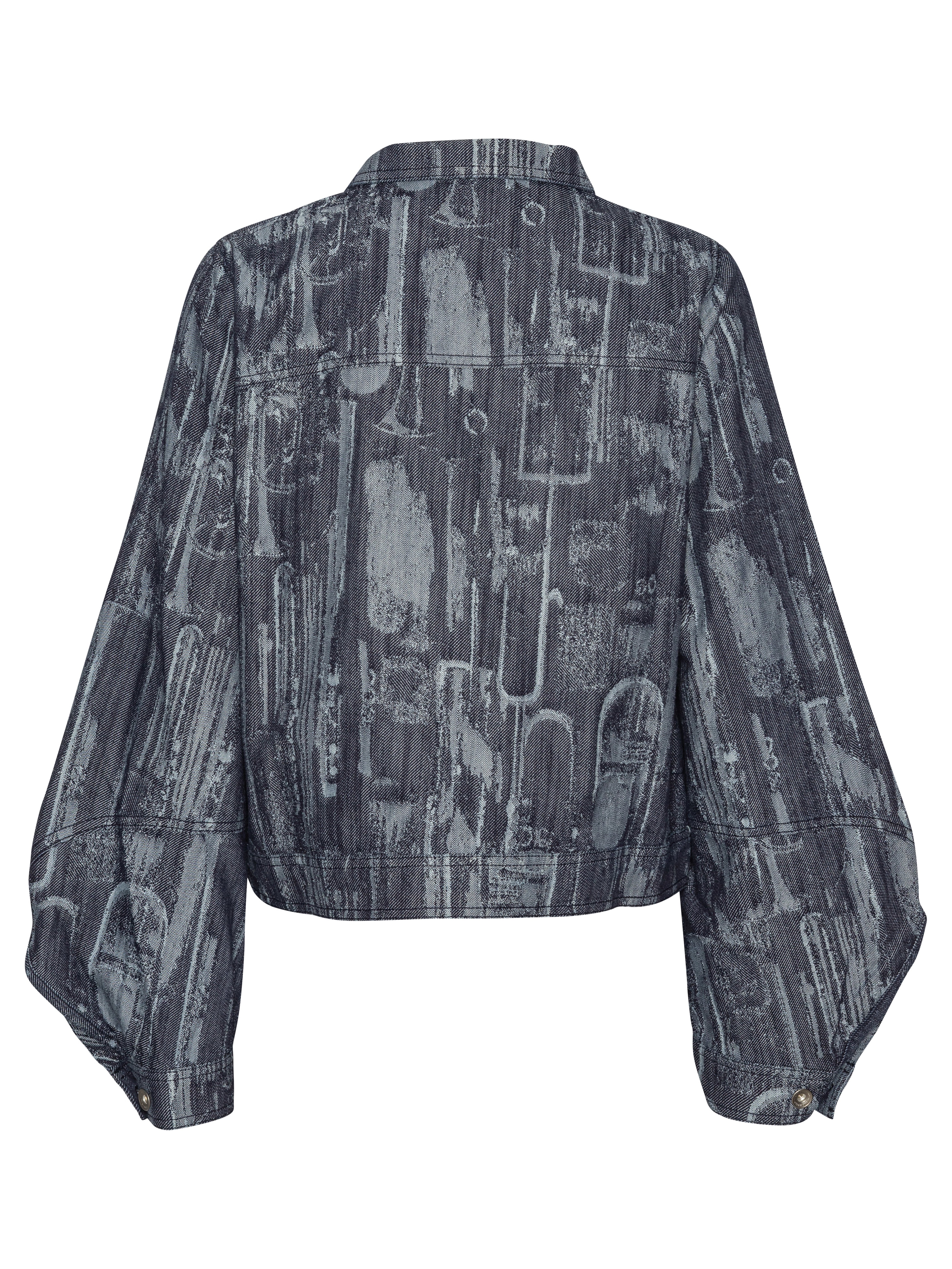 Back view of the Dial Denim Jacket in Instrument Case, showing the abstract grey-blue pattern and cropped hem.