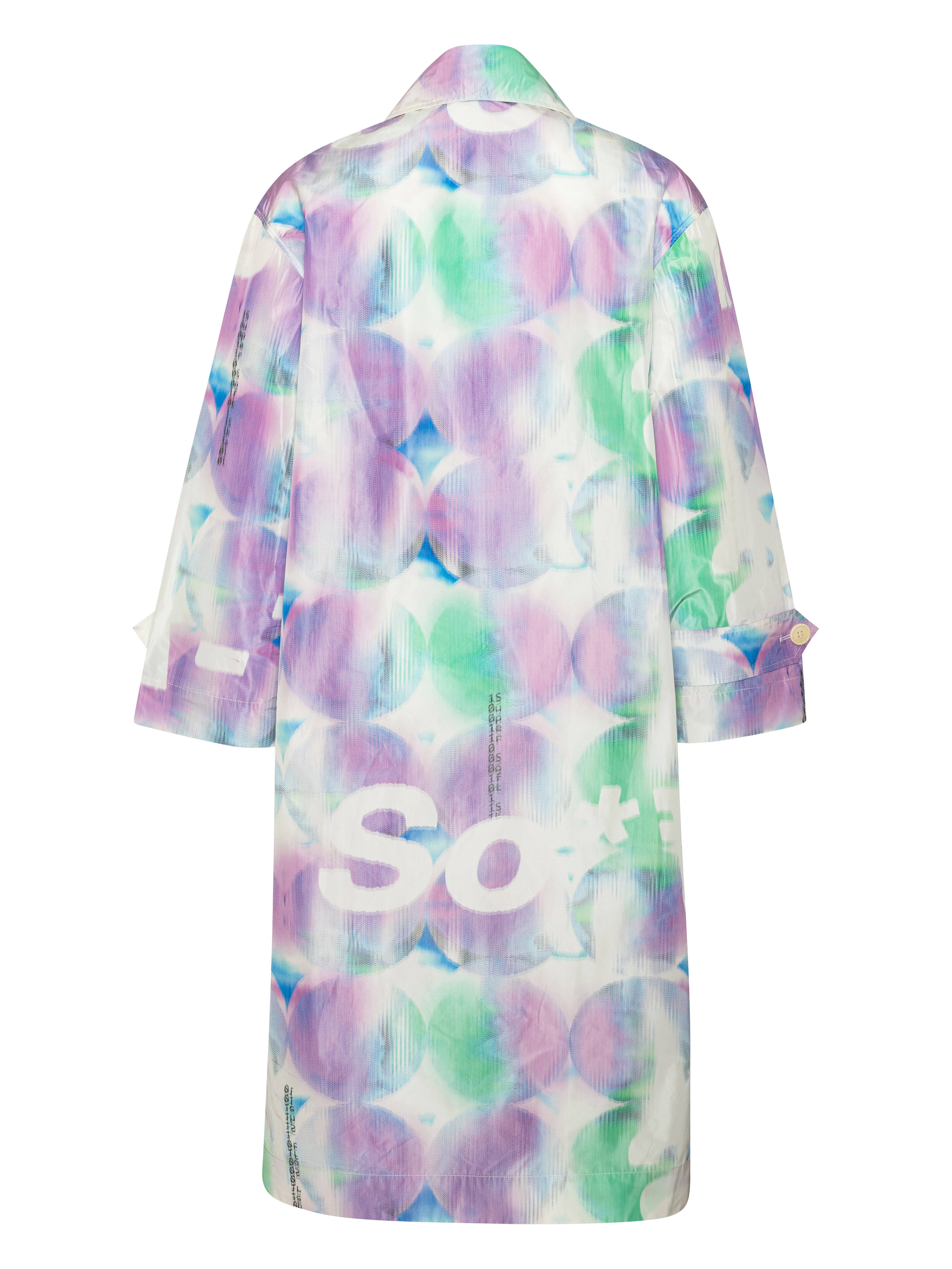 Back view of the Dimout Long Coat in Bubble Wrap, showing the full multicolour abstract pattern across the long, clean silhouette.