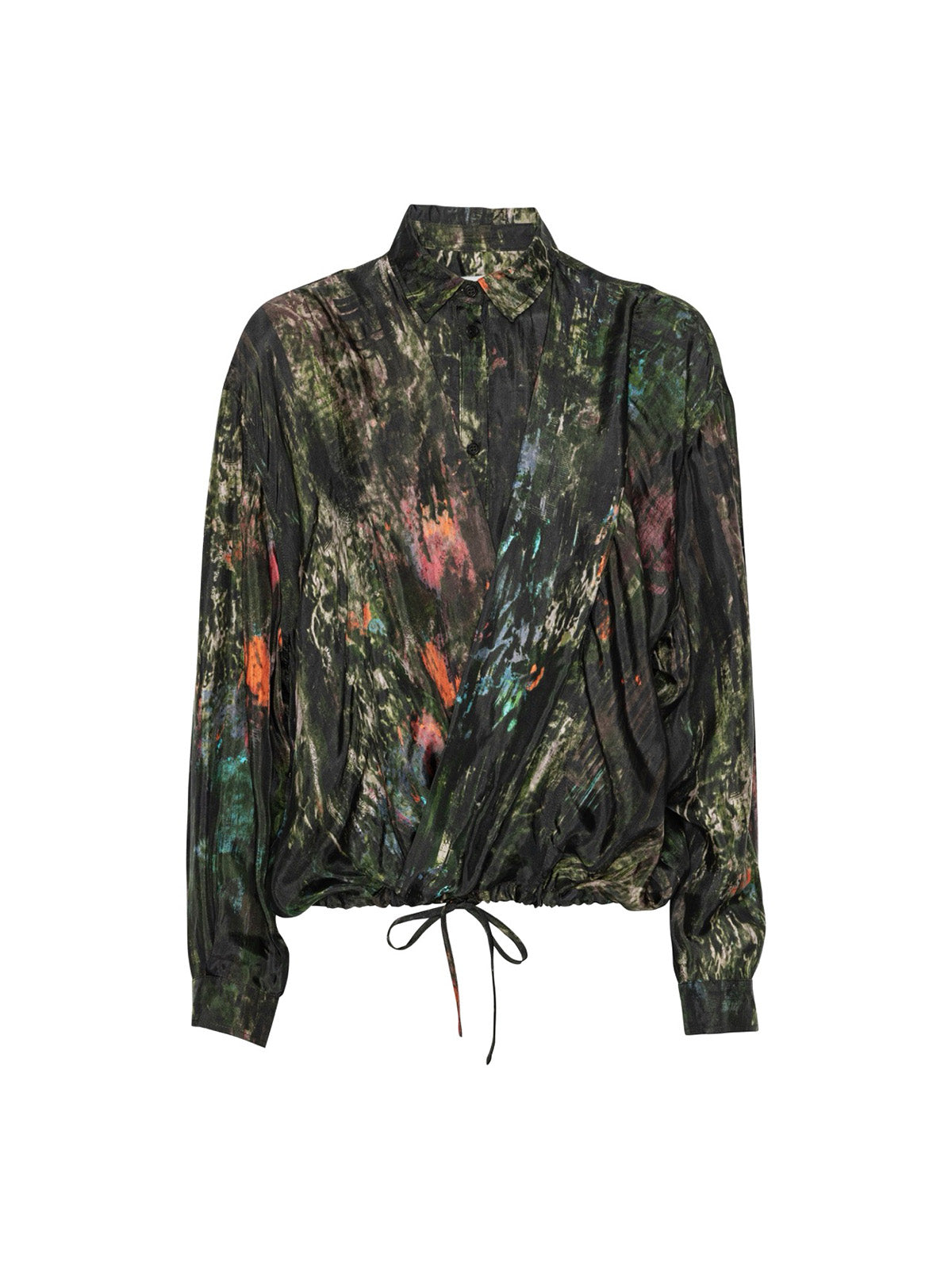 Henrik Vibskov Double Ki Shirt in Swamp Reflections print, abstract green and black wrap shirt with drawstring hem, front flat lay