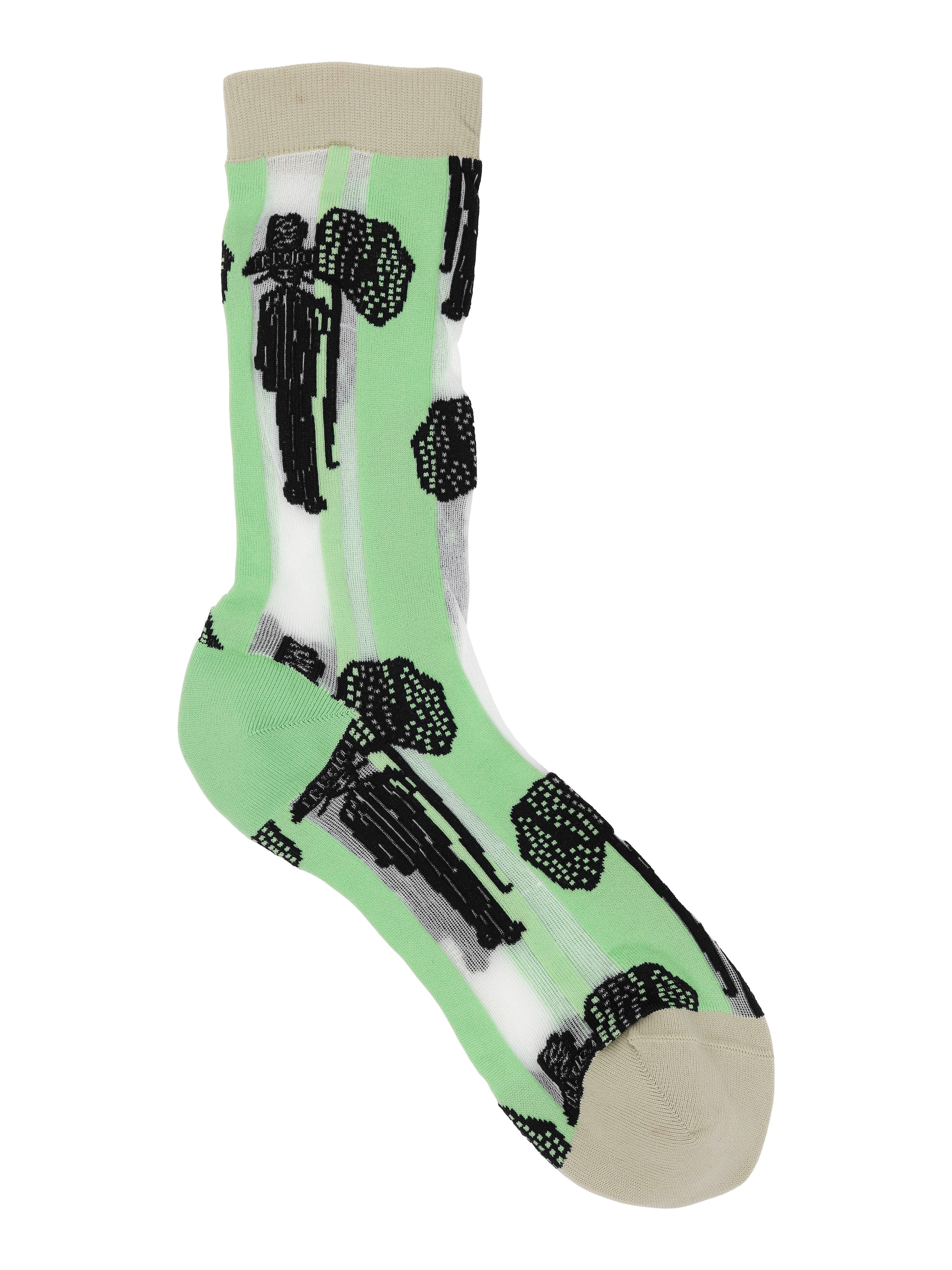 Dreamcatcher Socks Femme in Navy Catcher by Henrik Vibskov, knee-high socks featuring neon green and white horizontal stripes with an intricate navy dreamcatcher pattern and beige accent details, Spring/Summer 2026 Key Collection, size EU 36-40