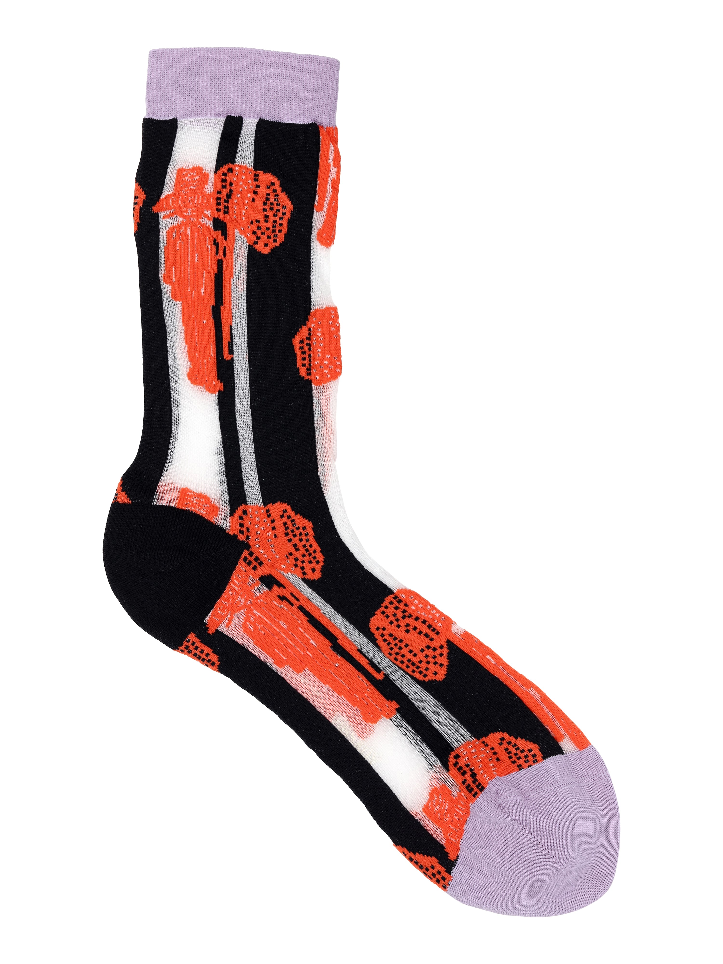Dreamcatcher Socks Femme in Red Catcher by Henrik Vibskov, knee-high socks featuring black and white horizontal stripes with an intricate red dreamcatcher pattern and purple accent details, Spring/Summer 2026 Key Collection, size EU 36-40