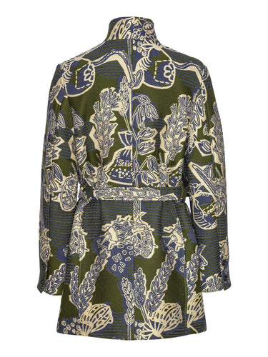 Back view of the Early Evening Coat showing the layered construction and adjustable waist tie.