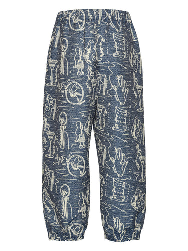 Back view of the Henrik Vibskov Eclipse Pants in Henrik Doodle, showing the grey-blue fabric, wide legs, and embroidered doodles across the back.