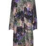 Front view of the Henrik Vibskov Flat Dress in Foxes, showing the multicolour abstract foxes and nature print, round collar, front button closure, long sleeves, adjustable waist drawstring, and straight hem.