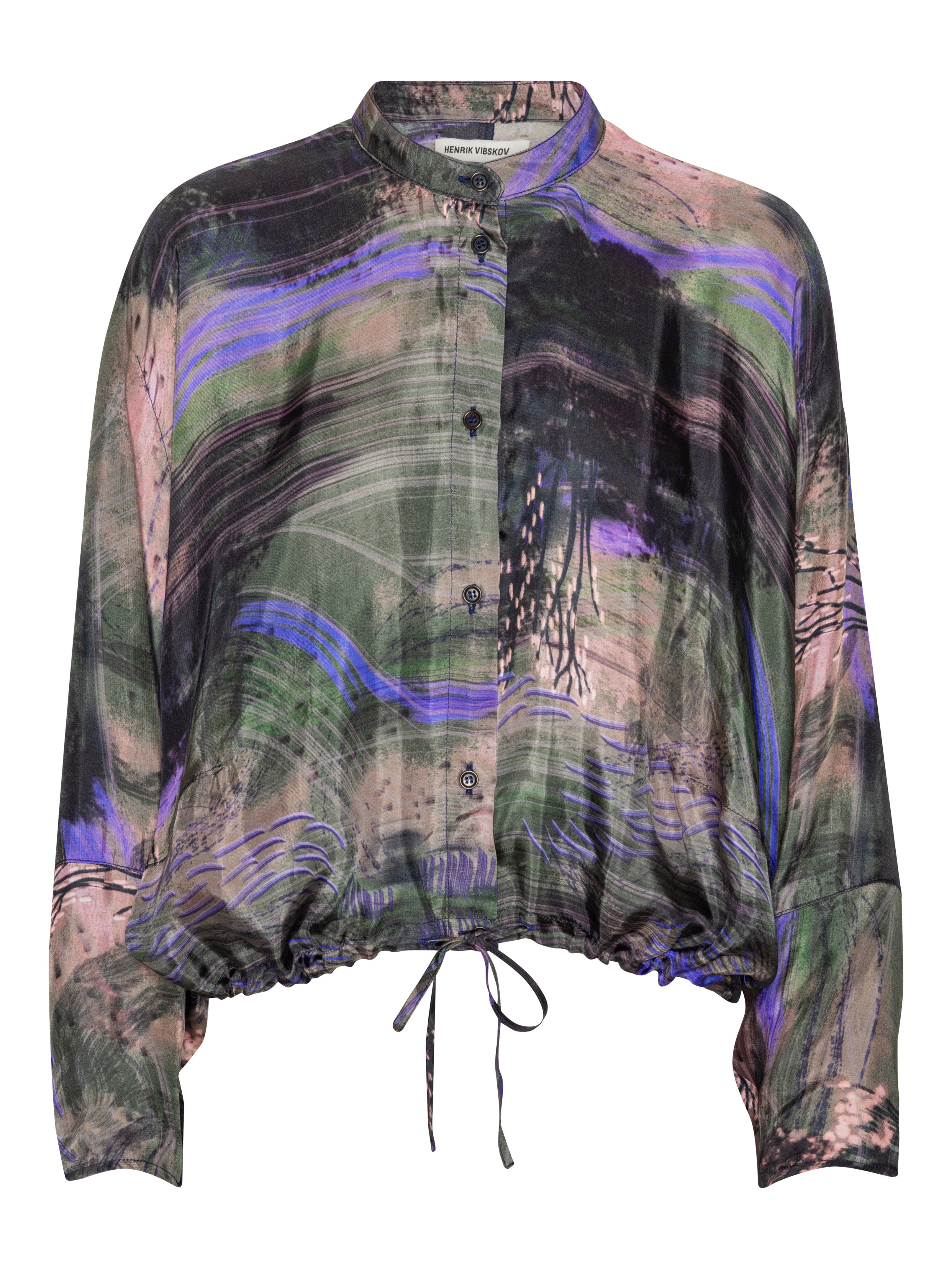 Front view of the Henrik Vibskov Flat Shirt in Foxes, showing the multicolour abstract fox and nature pattern, round collar, front button closure, long sleeves, and cropped elastic hem with drawstring.
