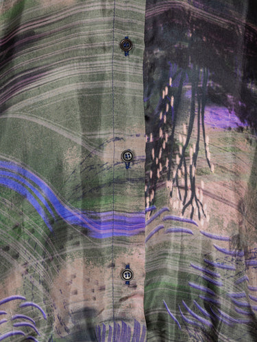 Close-up of the Henrik Vibskov Flat Shirt in Foxes, highlighting the abstract foxes and nature print, buttons, and fabric texture.