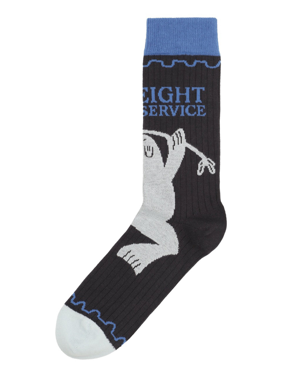 Henrik Vibskov Flyweight Sock Black Postal Grey, flat lay, charcoal sock with blue cuff, grey toe