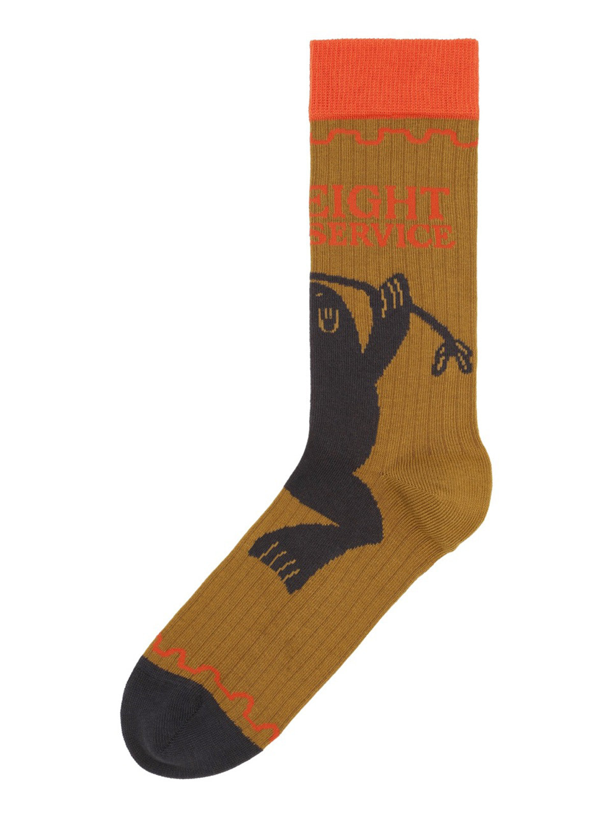Henrik Vibskov Flyweight Sock Brown Postal Red, flat lay, mustard brown sock with orange cuff, navy toe