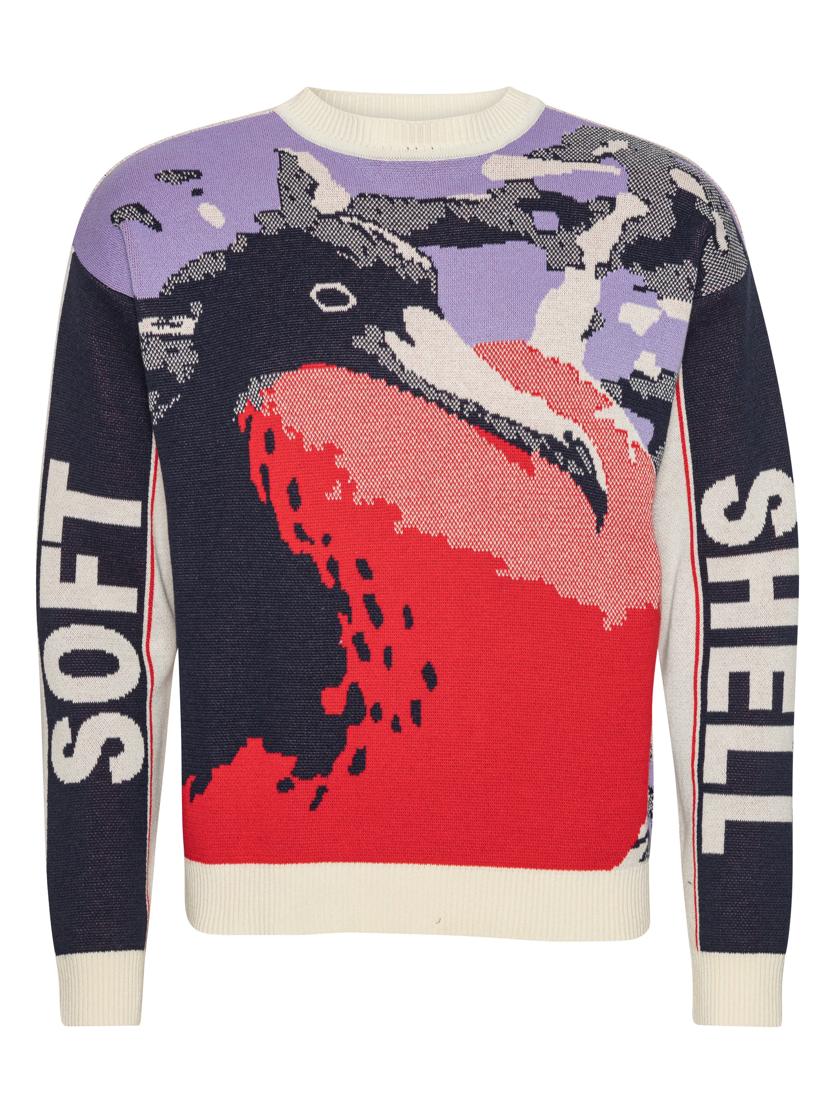 Front view of the Henrik Vibskov Frigate Crewneck in Frigate, showing the multicolour front with a large frigate bird pattern, crewneck collar, long sleeves, ribbed hems, and loose fit.