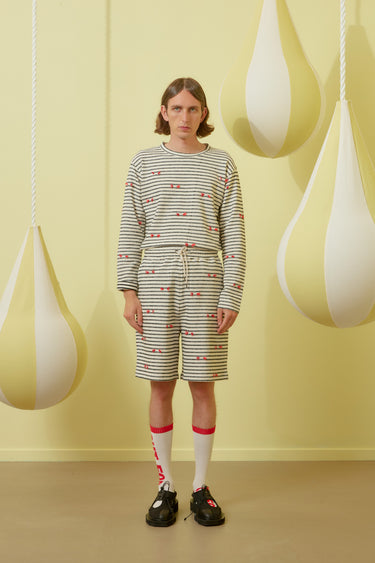 Henrik Vibskov shorts - Fringy Sweat Shorts black white stripes