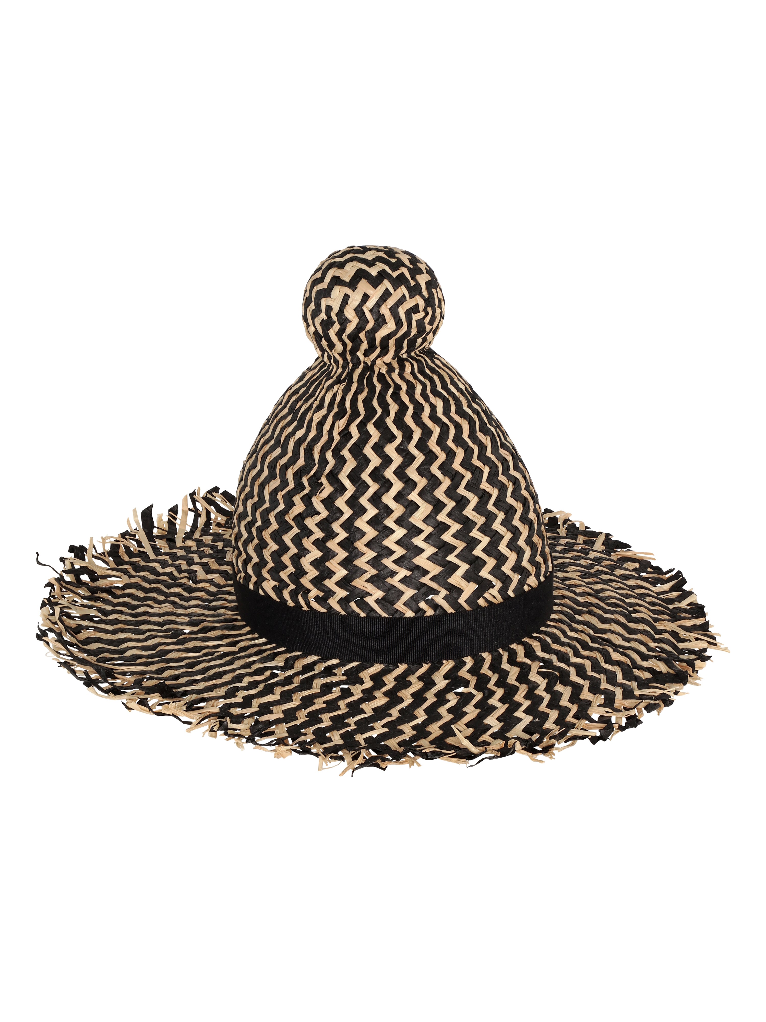 Garden Straw Hat in Black Natural Straw by Henrik Vibskov, oversized woven straw hat with black and natural chevron pattern, wide frayed brim, rounded pom-pom crown and black grosgrain band, Spring/Summer 2026 Key Collection