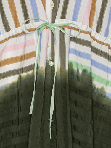 Close-up of the striped fabric highlighting the green dip dye treatment and gathered elastic drawstring waist.