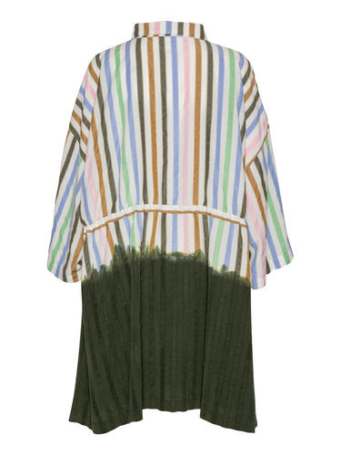 Back view of the Gather Dress showing the loose silhouette and multicolour striped design.