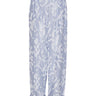 Front view of Henrik Vibskov Helmet Pants in light blue textured floral fabric with wide legs and elastic waistband with drawstring.