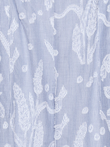 Close-up of the light blue floral texture and elastic waistband with drawstring detail.