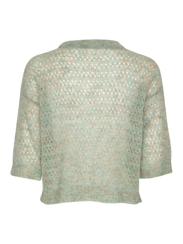 Hug Knit Tee in Multi Hug mint cropped knit tee with elbow length sleeves and relaxed silhouette, back view – Henrik Vibskov Spring/Summer 2026 Key Collection