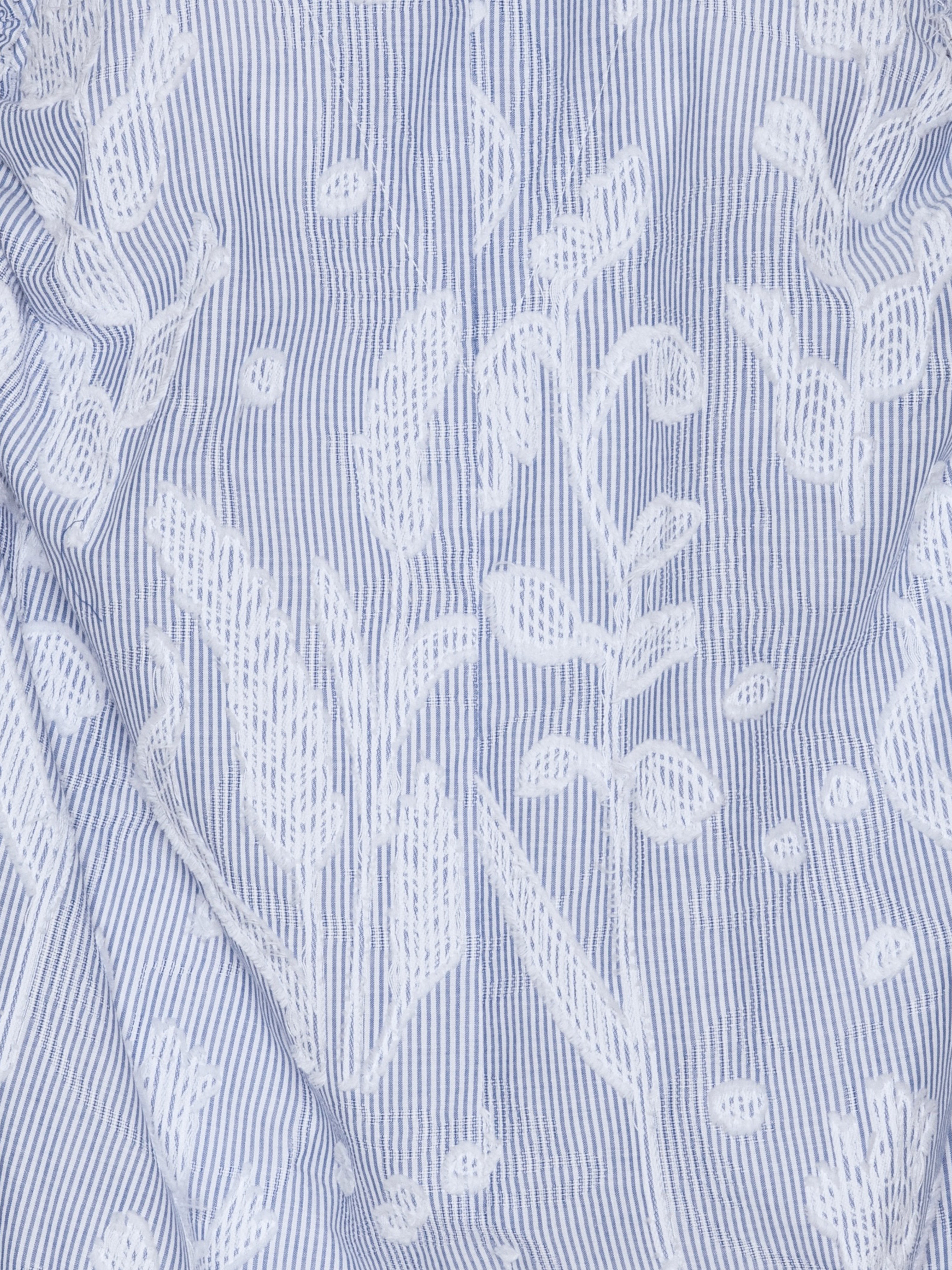 Close-up of the Insurance Dress highlighting the light blue fabric with white textured floral pattern and V-neckline.