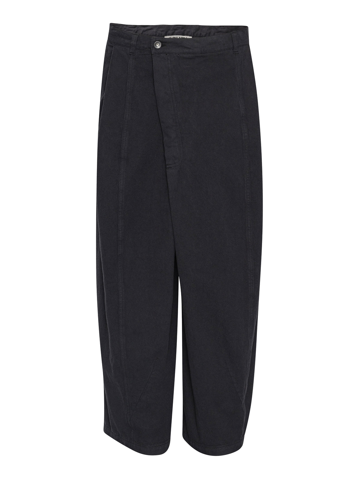 Henrik Vibskov Johnny Jeans in Black with wide cropped leg, structured waistband, front pleat detail and curved leg seams. ID: ARCHIVE-M503