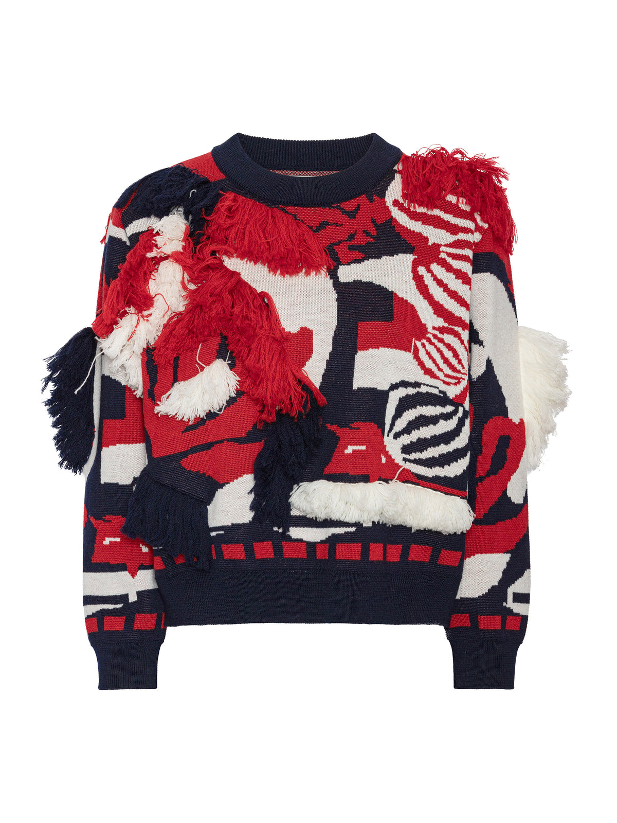 Henrik Vibskov Knit Ham Onion Sweat in Navy Red Onion wool with graphic jacquard knit, red navy off-white motifs and textured fringe detailing