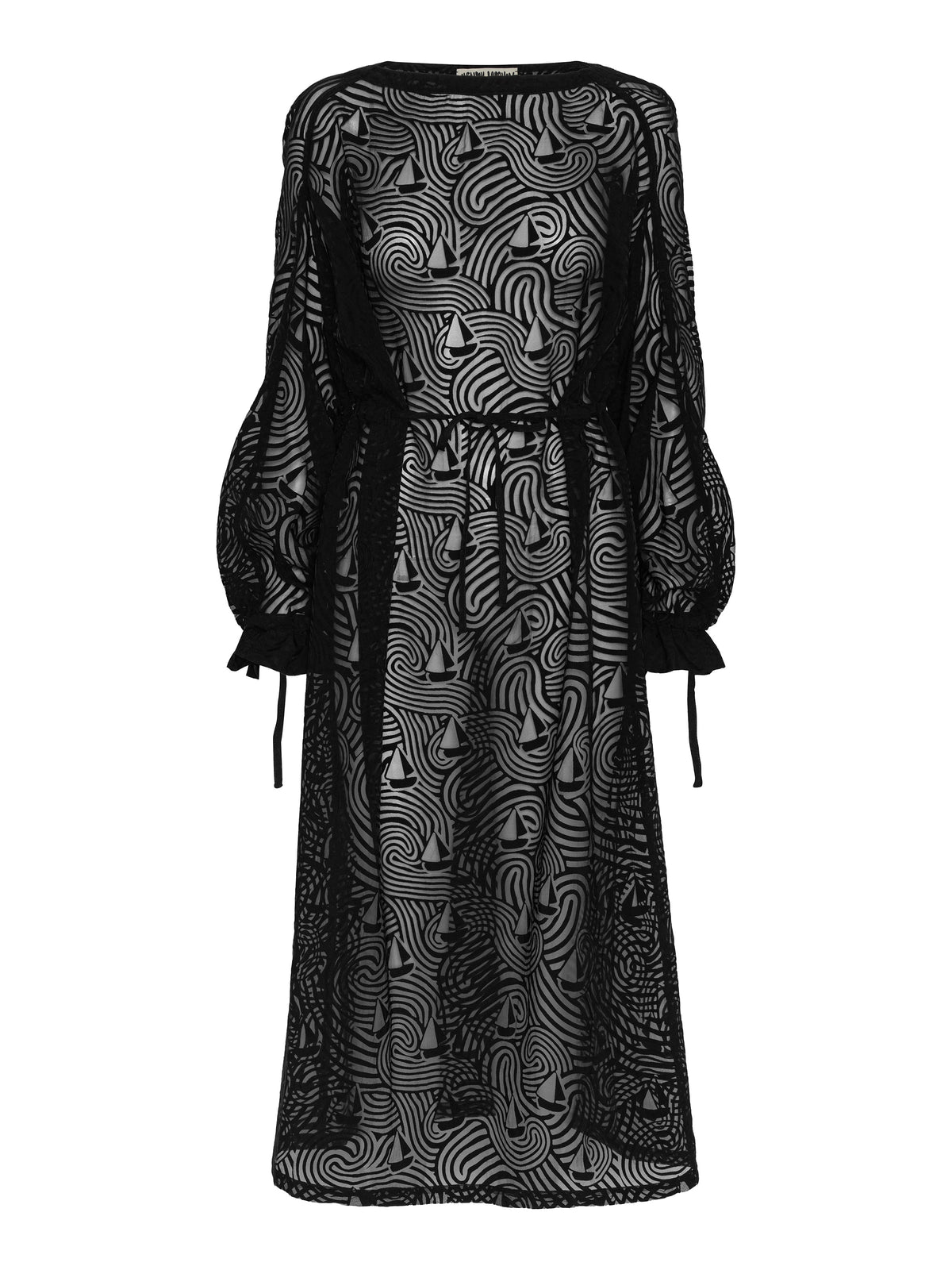 Henrik Vibskov Long Delivery Dress in Dark Stormy Sea with semi sheer abstract pattern, boat neckline, voluminous sleeves and long relaxed silhouette. ID: ARCHIVE-F311