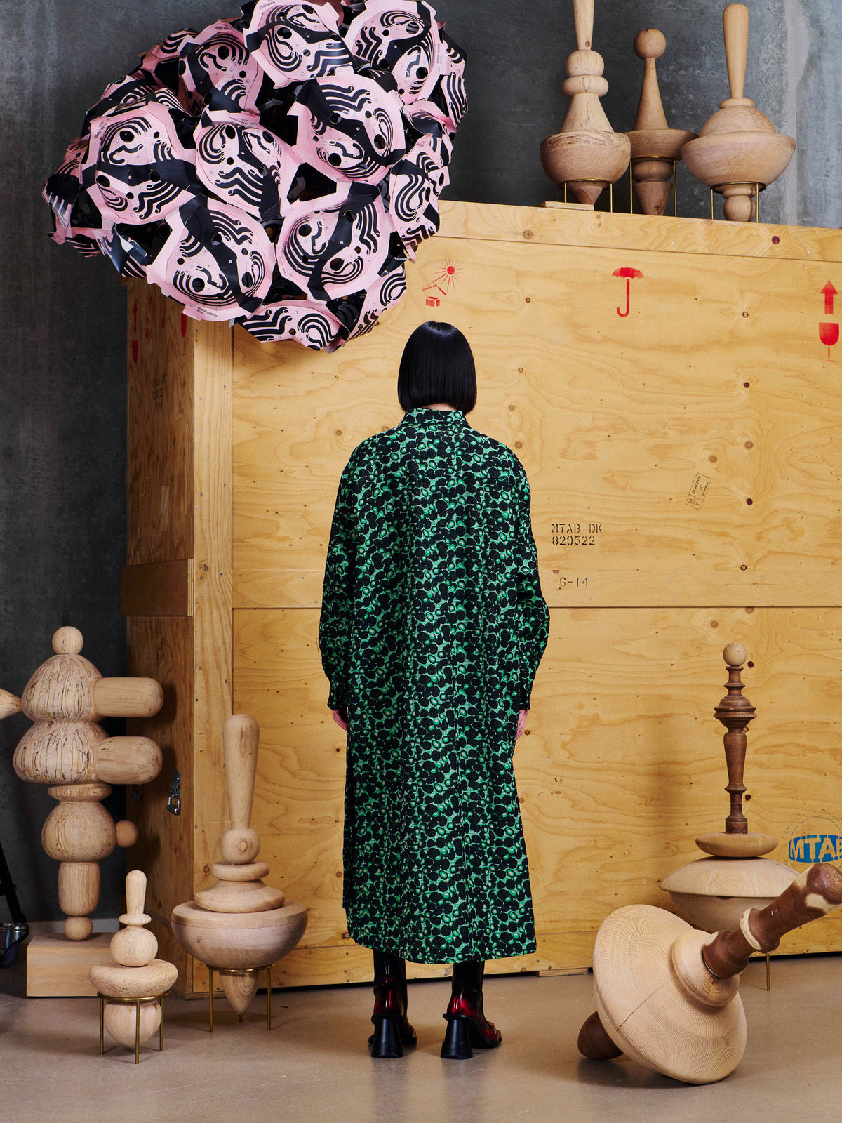 Henrik Vibskov Love You Dress in Dark Green Berries worn back view, showing the all-over berry pattern, relaxed silhouette and long straight hem.