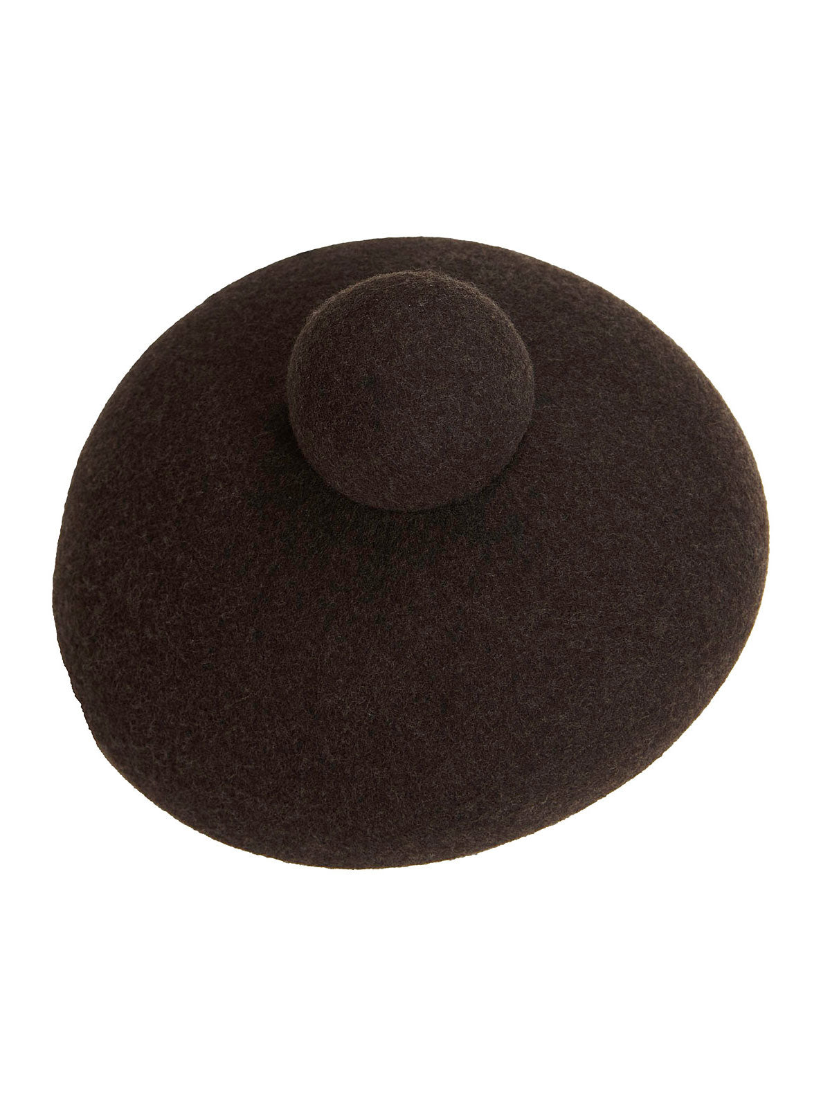 Henrik Vibskov Macaron Hat in Brown, showing the sculptural rounded wool shape, raised crown detail and felted texture.