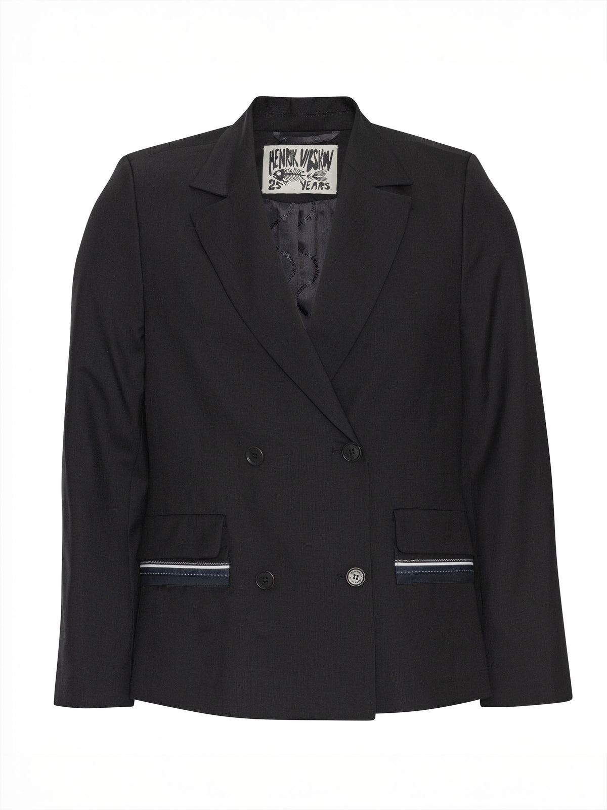 Henrik Vibskov Motif Blazer in Black shown from the front, featuring a double-breasted closure, notched lapels and striped trim at the flap pockets.