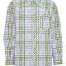 Front view of the Henrik Vibskov New Blou Shirt in Checks Fillé, showing the purple and green check pattern, orange contrast stitching, collar, front button closure, long sleeves, chest pocket, and straight hem.