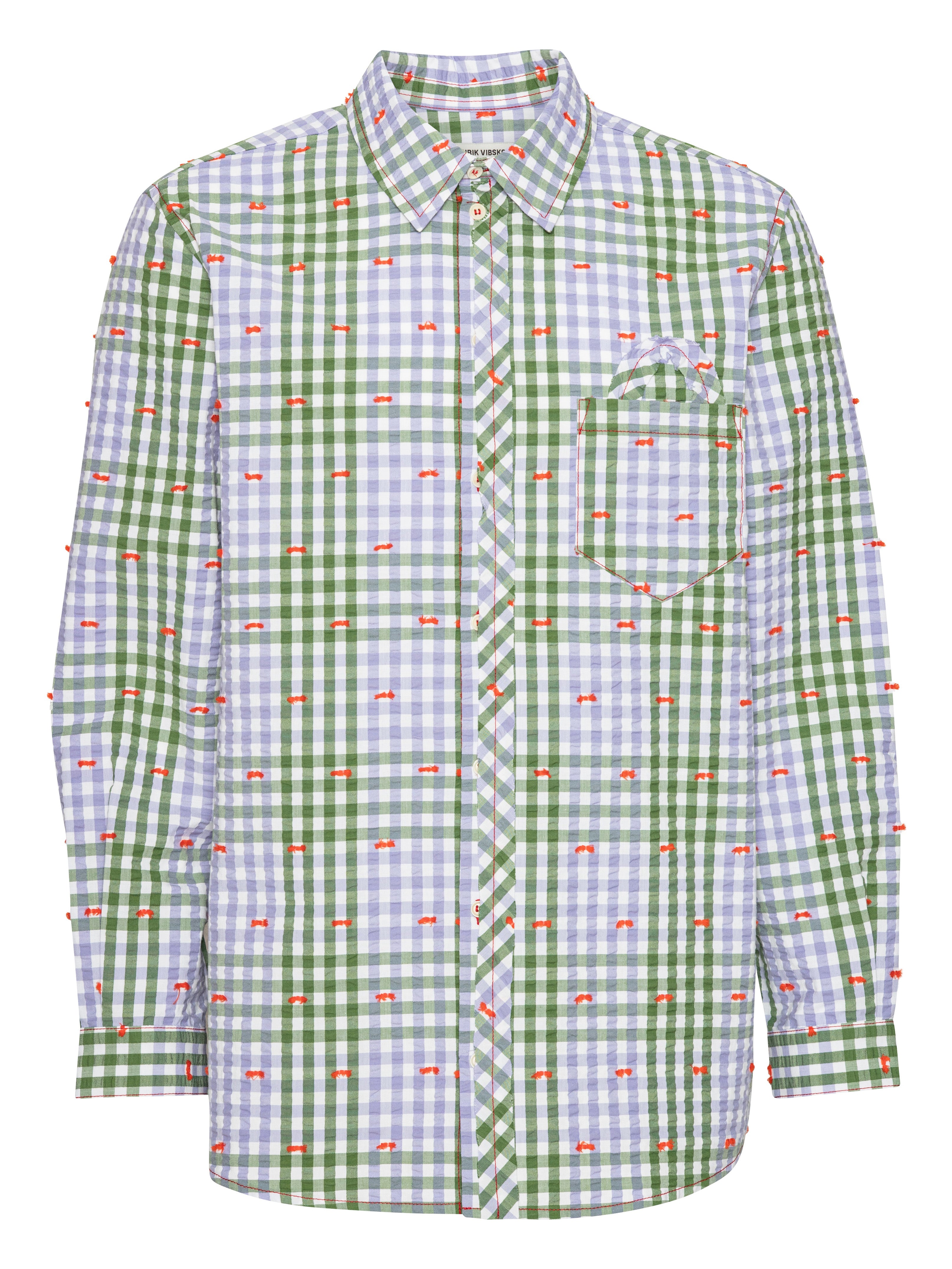 Front view of the Henrik Vibskov New Blou Shirt in Checks Fillé, showing the purple and green check pattern, orange contrast stitching, collar, front button closure, long sleeves, chest pocket, and straight hem.