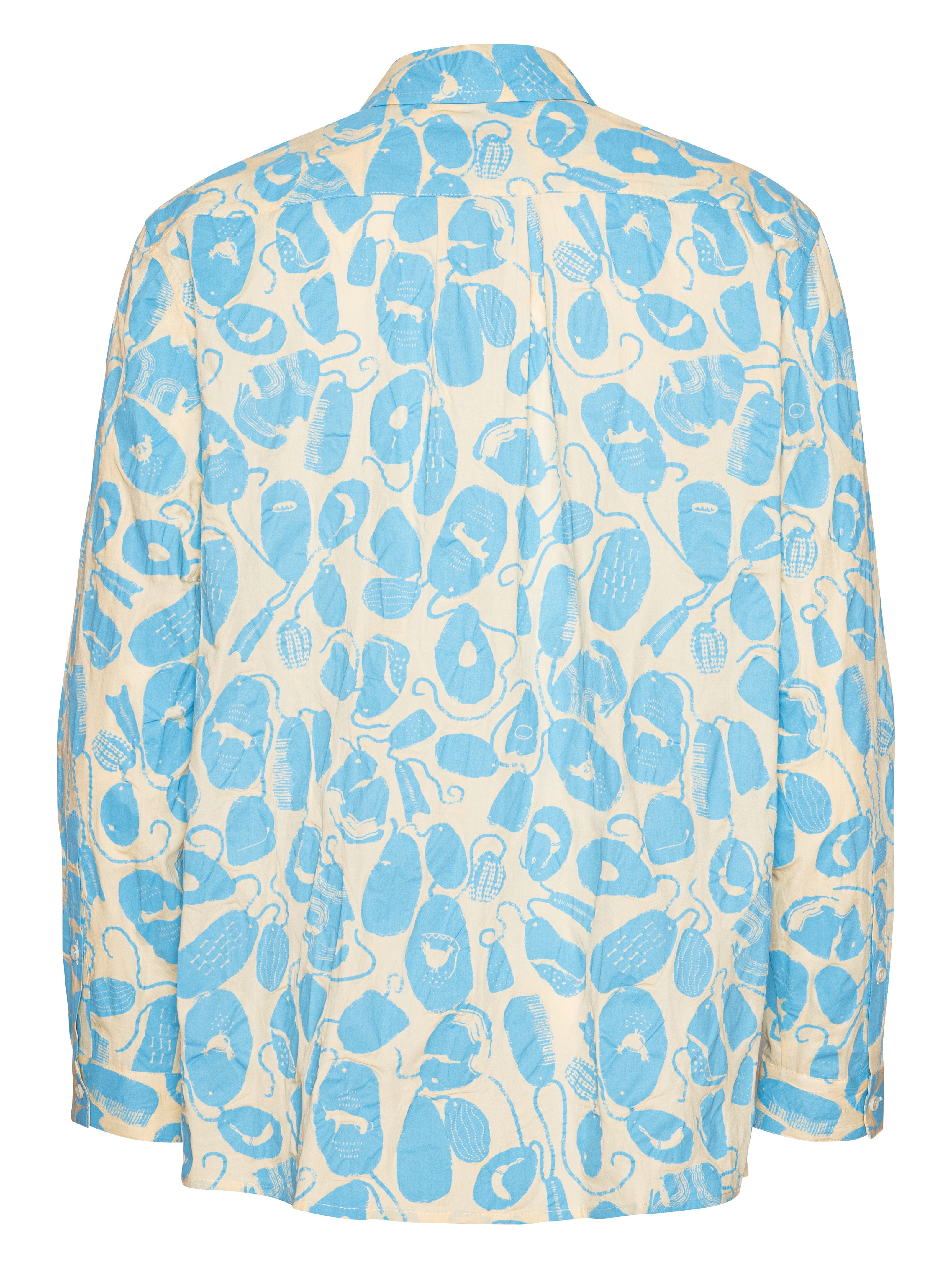 Back view of the Henrik Vibskov New Blou Shirt in Ecru Amulets, showing the full amulets pattern, long sleeves, and straight hem.