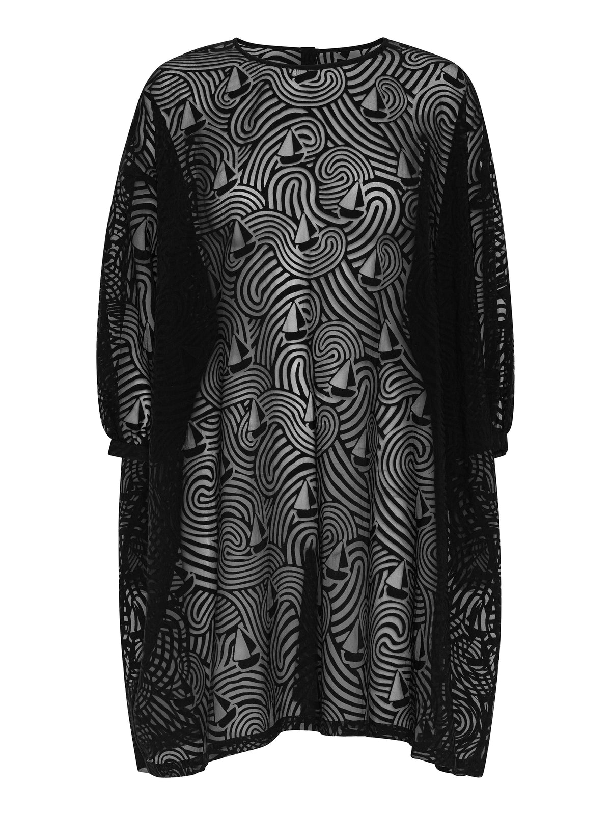 Henrik Vibskov Non Chalant Dress in Dark Stormy Sea shown from the front, featuring a semi-sheer wave and sailboat motif, three-quarter sleeves and asymmetric hem.