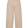 Front view of the Henrik Vibskov Open Dart Pants in sand beige, showing the pleated front, button fly, belt loops, side pockets, and cropped wide-leg silhouette.