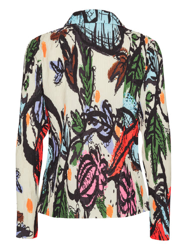 Back view of the Henrik Vibskov Plissé Blazer in Carrots, showing the full plissé finish, fitted design, and multicolour root-vegetable print.