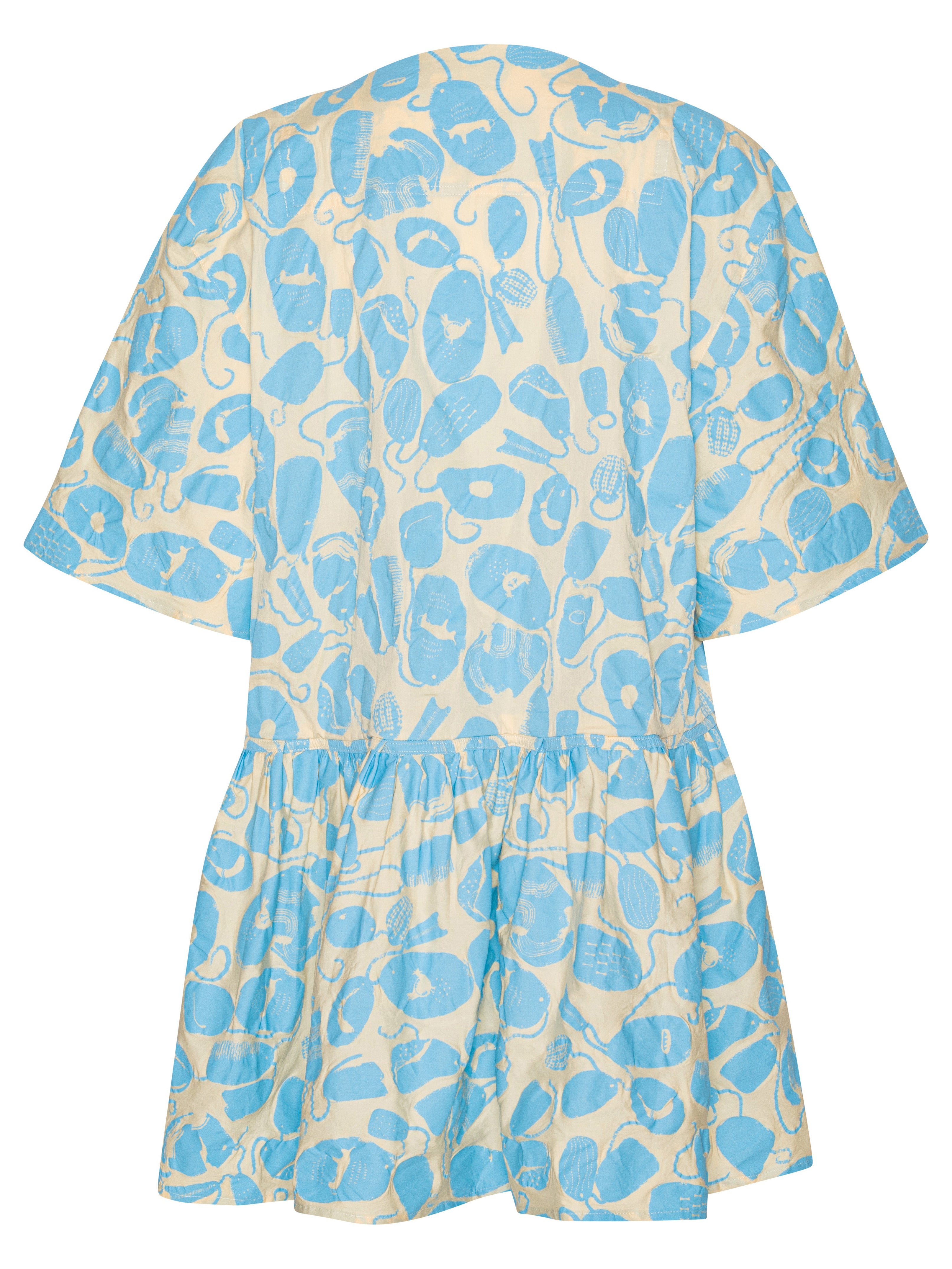 Back view of the Henrik Vibskov Preserve Blouse in Ecru Amulets, showing the oversized fit, short sleeves, and wide, knee-length skirt.