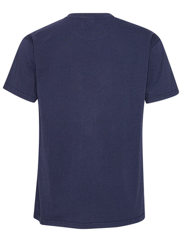 Back view of navy blue t-shirt from Henrik Vibskov on a white background